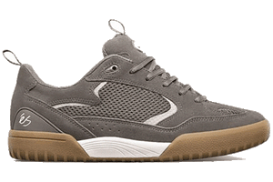 Gray eS skate sneaker with mesh panels, lace-up design and gum sole, side view