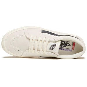 Top view of white Vans skate sneaker with lace-up design and perforated toe box