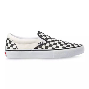 Black and white checkered slip-on sneaker on a white background
